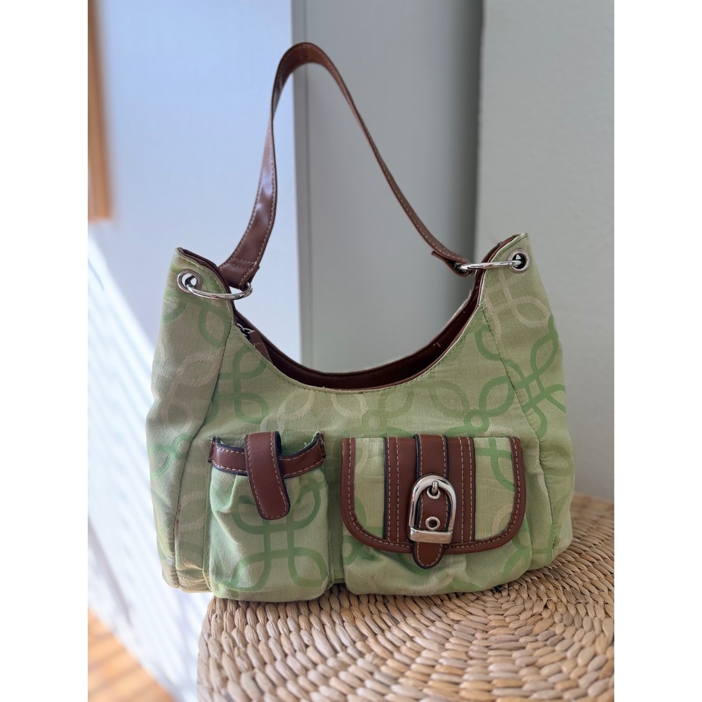 Vintage Green Geometric Canvas Hobo Bag Brown Trim Y2K Shoulder Purse
